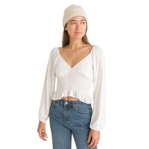 WAYF White Smocked Bodice Long Sleeve‎ Festival Boho Hippie Cropped Blouse L
